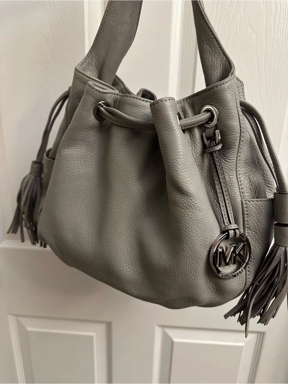 Michael Kors Gray Pebbled Leather Drawstring Hobo with Tassel
